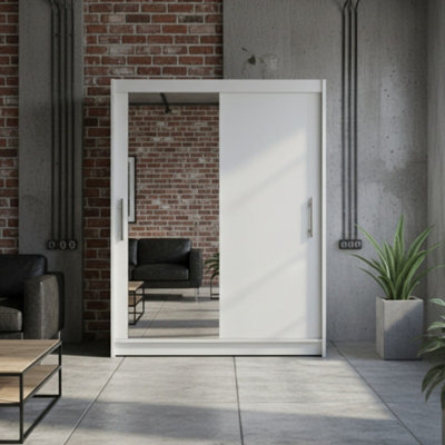Westa Vi 150Cm Sliding Door Wardrobe With Mirror Modern Bedroom Storage With Hanging Rails And Shelves White - image 1