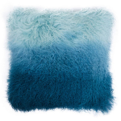 Orsina Blue Ombre Mongolian Lamb Fur Square Cushion, Luxe Gradient Faux Fur Throw Pillow With Feather Filler - image 1