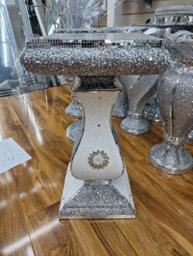 Deenz Biznest Crushed Crystal Jewel Loose Diamante Filled End Table Mirrored Border Square Home Decor Pedestal White Silver 60X40 Cm