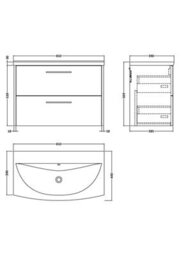 Hudson Reed Juno Wall Hung 2 Drawer Vanity Unit With Curved 1 Tap Hole Basin, Metallic Slate, 810 X 440 mm - thumbnail 7