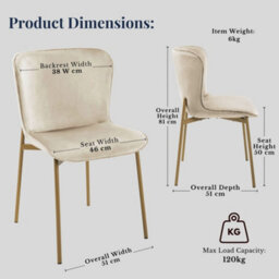 Evre Beige Velvet Dining Chairs Set Of 2 With Bronze Metal Frame For Kitchen, Living Room & Bedroom - thumbnail 2