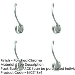 Loops 4 Pack Elegant Solid Brass Hat And Coat Hook In Polished Chrome - 142mm - Wall Mounted Clothing Hook - thumbnail 2