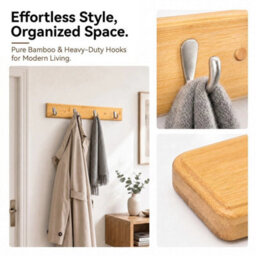 Log Wall-Mounted Coat Rack 45.5 Cm Stylish Bamboo Base With 4 Matte Nickel Hooks - thumbnail 6