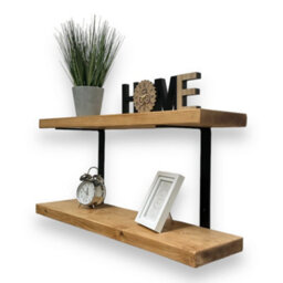 MKGT 50Cm Double Rustic Wooden Shelves Wall-Mounted Shelf With Seated Double Black L Brackets (Rustic Pine)