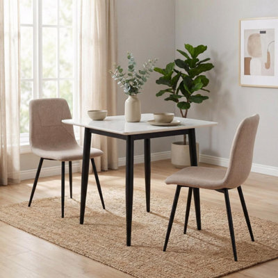 Fwstyle 70X70 Nova Cream Marble Effect Square Fixed Top Sintered Stone Dining Table - image 1