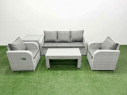 Fimous Pe Rattan Garden Furniture Set Reclining Chair Sofa Lounge Sofa Set Rectangular Coffee Table Side Table Light Grey - thumbnail 1