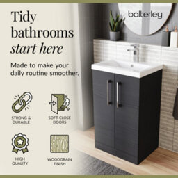 Balterley Contemporary Bathroom Floor Standing 2 Soft-Close Door Vanity Unit & Mid-Edge Ceramic Basin, Charcoal Black, 500 mm - thumbnail 7