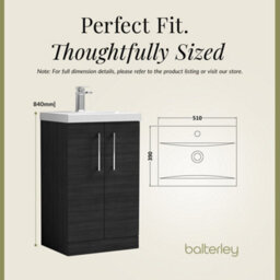 Balterley Contemporary Bathroom Floor Standing 2 Soft-Close Door Vanity Unit & Mid-Edge Ceramic Basin, Charcoal Black, 500 mm - thumbnail 5