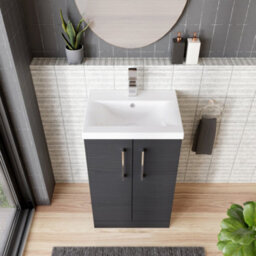 Balterley Contemporary Bathroom Floor Standing 2 Soft-Close Door Vanity Unit & Mid-Edge Ceramic Basin, Charcoal Black, 500 mm - thumbnail 3