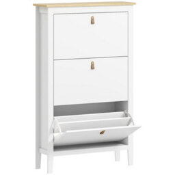 Wyld Haus Makeve White And Oak-Effect 3-Drawer Tilt-Out Shoe Cabinet With Faux Leather Handles, 80 X 24 X 131 Cm - thumbnail 2