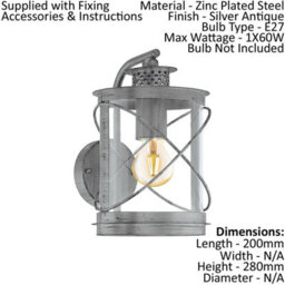 Elegant Ip44 Outdoor Wall Light In Antique Silver With Glass Loop Lantern Design - thumbnail 2