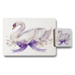 Benjamin Tate Design Elegance Swan Placemat And Coaster Set With Purple Ribbon Artwork Wood Base Limited Edition - thumbnail 1