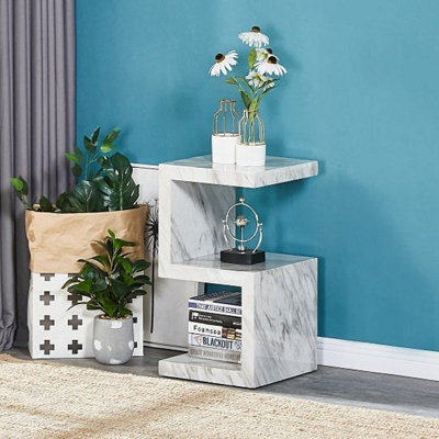 Furniture in Fashion Miami High Gloss S Shape Side Table In Magnesia Marble Effect