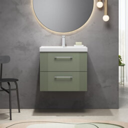 Balterley Belvide Partial Fluted 2 Drawer Wall Hung Vanity Unit With 1 Tap Hole Thin-Edge Basin- 600mm - Satin Green - thumbnail 2