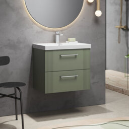 Balterley Belvide Partial Fluted 2 Drawer Wall Hung Vanity Unit With 1 Tap Hole Thin-Edge Basin- 600mm - Satin Green - thumbnail 4