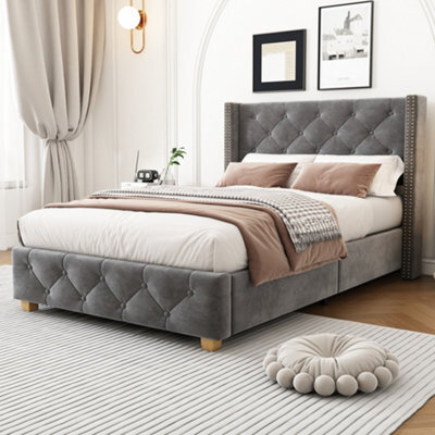 Matteo Luxury Grey Velvet Single Bed Frame - 3Ft Upholstered With Button Tufted Headboard & Wooden Legs - image 1