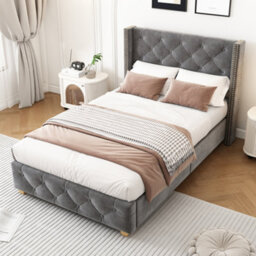 Matteo Luxury Grey Velvet Single Bed Frame - 3Ft Upholstered With Button Tufted Headboard & Wooden Legs - thumbnail 2