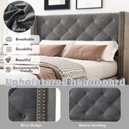 Matteo Luxury Grey Velvet Single Bed Frame - 3Ft Upholstered With Button Tufted Headboard & Wooden Legs - thumbnail 4