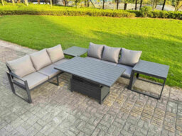 Fimous 5 Pieces Garden Furniture Set Aluminium Adjustable Rising Lifting Dining Table And Sofa Set With 2 Side Tables Dark Grey - thumbnail 1