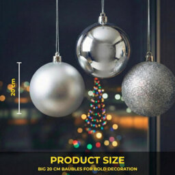 Shatchi Set Of 3 - 20Cm Silver Christmas Baubles (Glossy, Matte, Glitter) Décor Pack - thumbnail 6