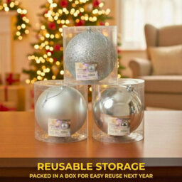 Shatchi Set Of 3 - 20Cm Silver Christmas Baubles (Glossy, Matte, Glitter) Décor Pack - thumbnail 3
