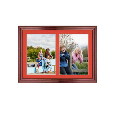 AK Frames 20X14 Rose Wood Classic Multi Photo Frame With Poppy Red Mount - Holds 2 Apertures (2X) A4 Photos - image 1