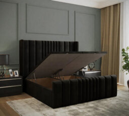 Adore Designs Miami Winged Plush Velvet Ottoman Storage Bed, With Footboard - 6Ft Super King - Black - thumbnail 2