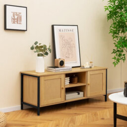 "Costway Boho Tv Stand For Tvs Up To 55"" Pe Rattan Media Console Table-Black"