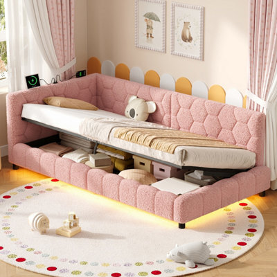 Abrihome Pink 3Ft Single Boucle Side Hydraulic Ottoman Bed, Rgb Led, Charging Station, Hexagon Tufted Headboard, 2 Assembly Options - image 1