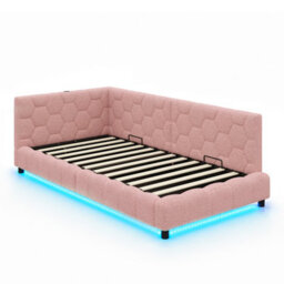 Abrihome Pink 3Ft Single Boucle Side Hydraulic Ottoman Bed, Rgb Led, Charging Station, Hexagon Tufted Headboard, 2 Assembly Options - thumbnail 9