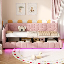 Abrihome Pink 3Ft Single Boucle Side Hydraulic Ottoman Bed, Rgb Led, Charging Station, Hexagon Tufted Headboard, 2 Assembly Options - thumbnail 8
