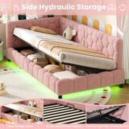 Abrihome Pink 3Ft Single Boucle Side Hydraulic Ottoman Bed, Rgb Led, Charging Station, Hexagon Tufted Headboard, 2 Assembly Options - thumbnail 2