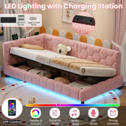 Abrihome Pink 3Ft Single Boucle Side Hydraulic Ottoman Bed, Rgb Led, Charging Station, Hexagon Tufted Headboard, 2 Assembly Options - thumbnail 5