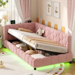 Abrihome Pink 3Ft Single Boucle Side Hydraulic Ottoman Bed, Rgb Led, Charging Station, Hexagon Tufted Headboard, 2 Assembly Options - thumbnail 7