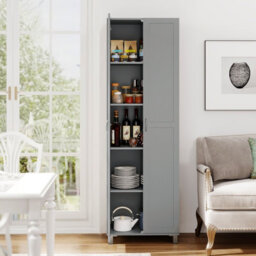 Costway Double Door Tall Storage Cabinet Freestanding Pantry Cabinet With Adjustable Shelf-Grey - thumbnail 4