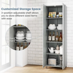Costway Double Door Tall Storage Cabinet Freestanding Pantry Cabinet With Adjustable Shelf-Grey - thumbnail 6
