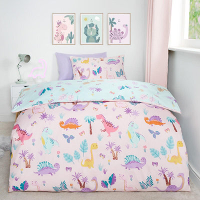 OHS Dino Duvet Cover Bedding Set Reversible Pillowcase Kids Quilt, Pink - Single - image 1