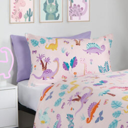 OHS Dino Duvet Cover Bedding Set Reversible Pillowcase Kids Quilt, Pink - Single - thumbnail 2