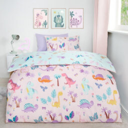 OHS Dino Duvet Cover Bedding Set Reversible Pillowcase Kids Quilt, Pink - Single - thumbnail 1