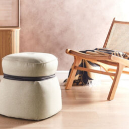 Wyld And Coco Living Beige Linen Round Pouffe 45 Cm - Versatile Footstool And Side Table - thumbnail 2