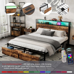 Btm Double Bed 4Ft6 135X190Cm Metal Frame With Led Lighting Drawers Usb Ports Wrought Iron Bed Black Walnut - thumbnail 5