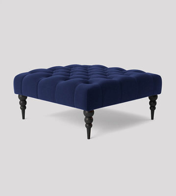 Alyana 90Cm Square Ottoman Bench With Wooden Legs - Sapphire Blue Plush Velvet Chesterfield Upholstered Footstool - image 1