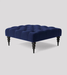 Alyana 90Cm Square Ottoman Bench With Wooden Legs - Sapphire Blue Plush Velvet Chesterfield Upholstered Footstool