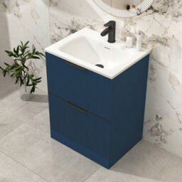 Royal Bathrooms Evora 600mm Midnight Blue Fluted Floor Standing Bathroom Vanity Unit 2 Drawer Cabinet With Stone Basin & Matt Black Handles - thumbnail 6