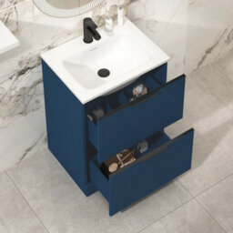 Royal Bathrooms Evora 600mm Midnight Blue Fluted Floor Standing Bathroom Vanity Unit 2 Drawer Cabinet With Stone Basin & Matt Black Handles - thumbnail 5