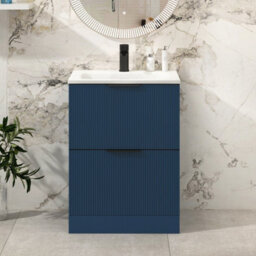 Royal Bathrooms Evora 600mm Midnight Blue Fluted Floor Standing Bathroom Vanity Unit 2 Drawer Cabinet With Stone Basin & Matt Black Handles