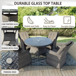 5 Pieces Outdoor Rattan Dining Set, Wicker Dining Sofa Set With Soft Cushion Tempered Glass Table Aluminum Frame - thumbnail 3