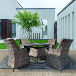 5 Pieces Outdoor Rattan Dining Set, Wicker Dining Sofa Set With Soft Cushion Tempered Glass Table Aluminum Frame - thumbnail 2