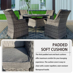 5 Pieces Outdoor Rattan Dining Set, Wicker Dining Sofa Set With Soft Cushion Tempered Glass Table Aluminum Frame - thumbnail 5