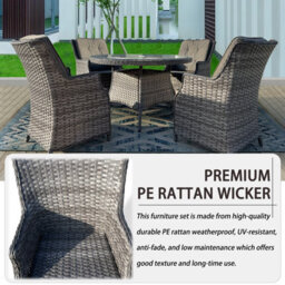 5 Pieces Outdoor Rattan Dining Set, Wicker Dining Sofa Set With Soft Cushion Tempered Glass Table Aluminum Frame - thumbnail 6